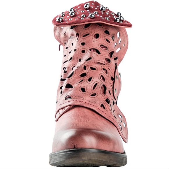 Combat Boots Studded Heels Biker Shoes-Winered - Picture 5 of 7